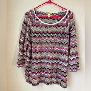 Sigrid Olsen Boho Chevron Knit Sweater 2X Colorful Cottagecore Artsy Lightweight